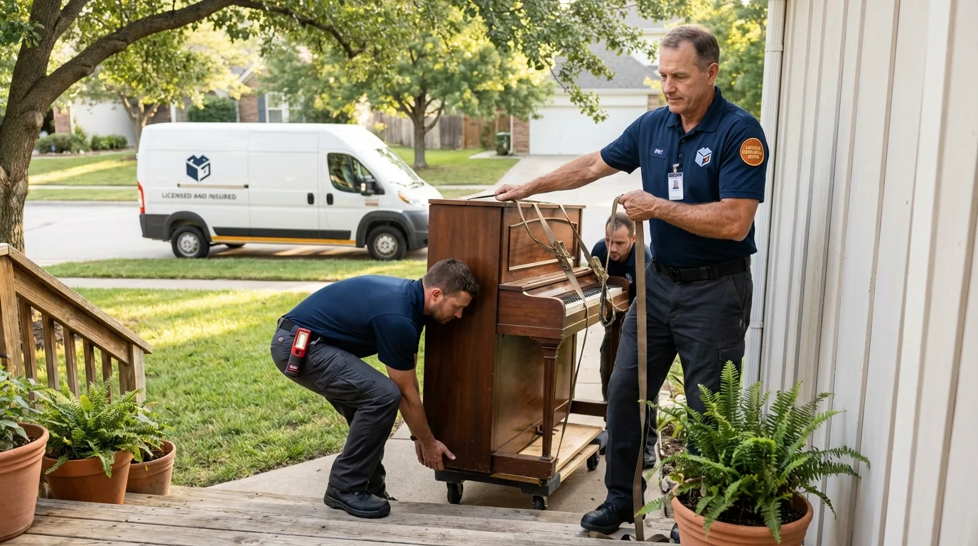 Licensed piano movers securing grand piano in Berlin, MA