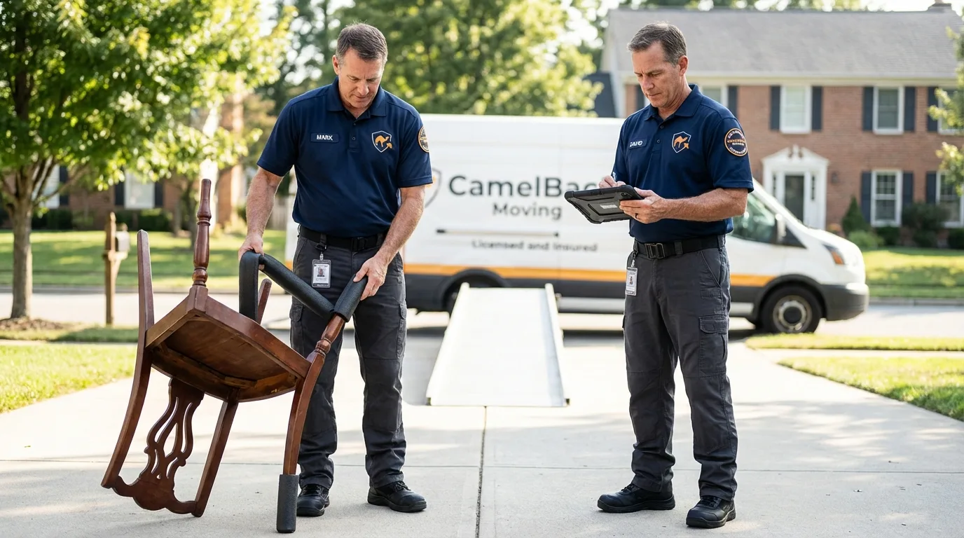 Movers inspecting furniture for damage prevention before loading in Berlin, MA