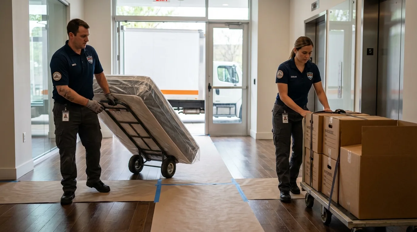 Professional apartment movers loading elevator in Berlin, MA